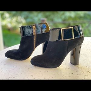 TORY BURCH Black Suede and Patent Leather Buckle Booties EUC